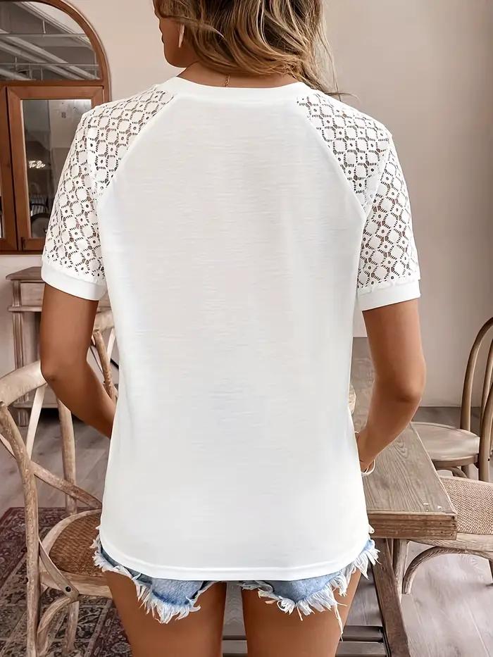 Haut à col rond et manches courtes en polyester pour femmes - Occasions spéciales - Été - Blanc - Noir