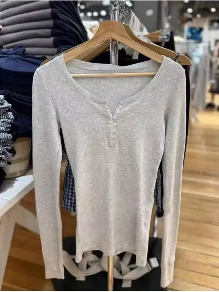 Gris gaufre 7 boutons à manches longues T-shirts femmes automne coton