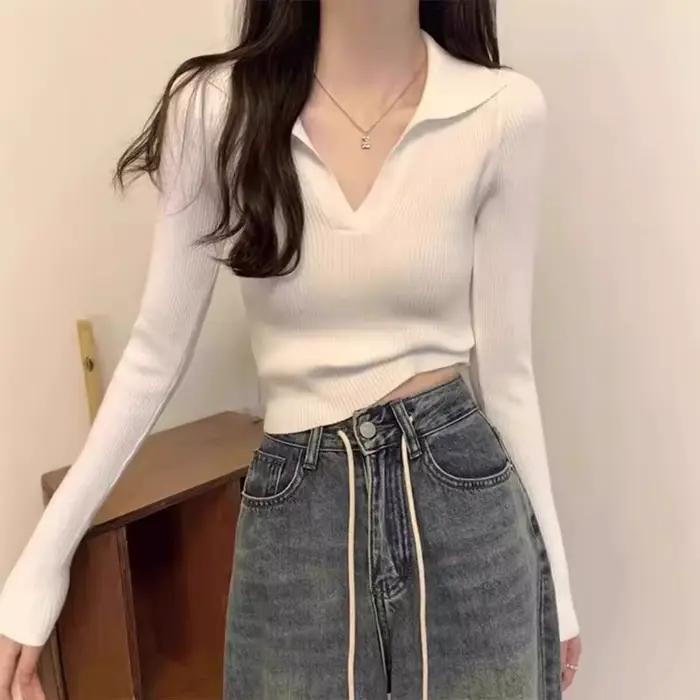 Tempérament polo revers pull à manches longues pour les femmes automne hiver coupe ajustée intérieure pure luxure style haut col en v chemise de fond