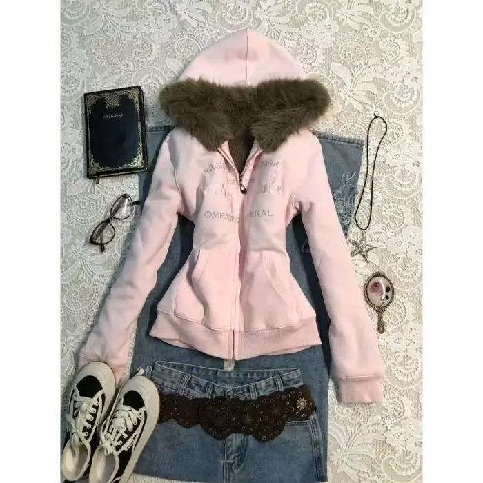 High Street esthétique Design Sense Niche américain Vintage rose velours chaud veste à capuche hiver nouveau haut à la mode femmes manteaux