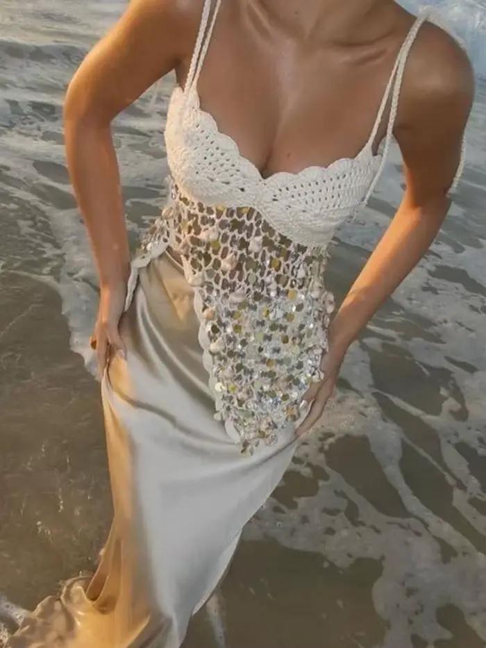 BKQU Débardeurs en crochet Y2K à sequins pour femmes