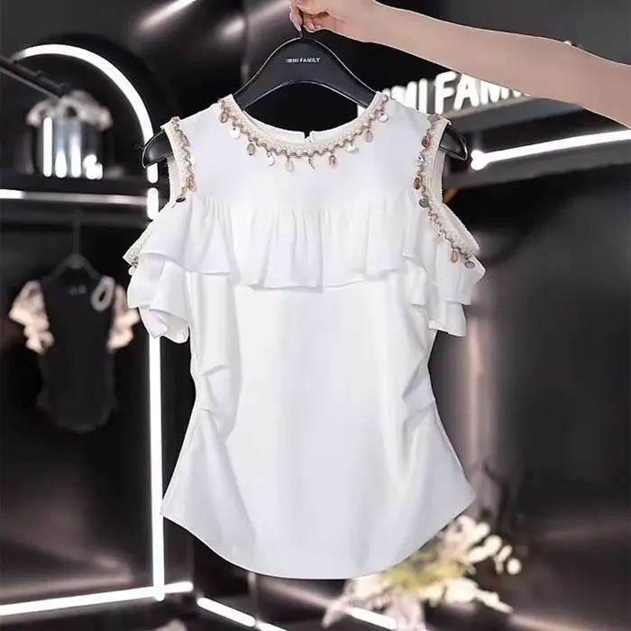 T-shirt à manches courtes pour femmes épaules dénudées avec volants et paillettes françaises pour l'été occasions spéciales
