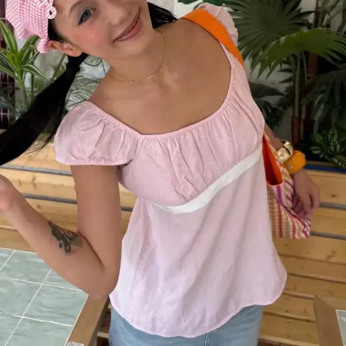 Femmes les plus mignonnes nuisette culture hauts adolescente col carré à manches courtes milkmaid t-shirts Preppy Vintage Y2K esthétique cravate T-shirt