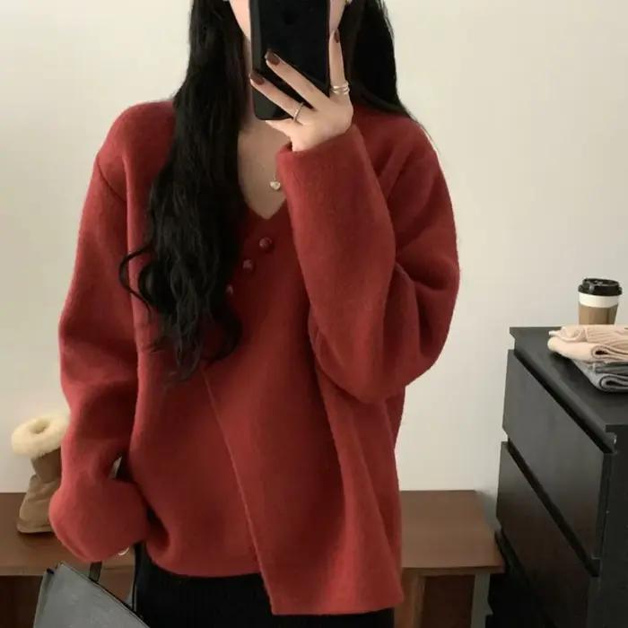 Cardigan femme pull hiver bouton rouge hauts en tricot