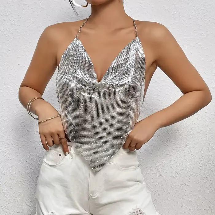 Débardeur dos nu scintillant pour femme avec chaîne métallique à sequins, tenue sexy pour été, plage, clubs et soirées