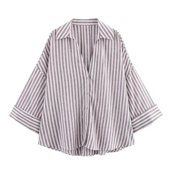 Chemise MUJER décontractée en polyester rayé pour femmes, ample, décontractée, col rabattu, polyester, ajustement lâche, boutons simples, pour plage et événements estivaux