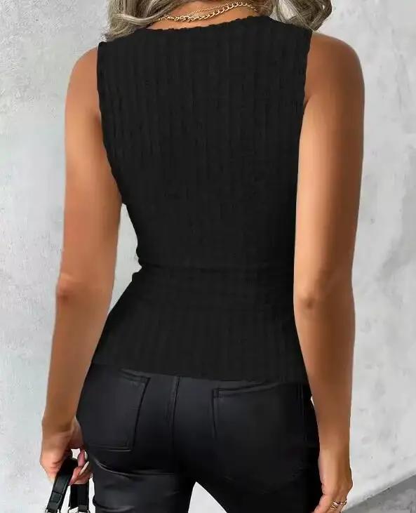 Débardeur sexy en tricot côtelé pour femme avec détails de boutons – Col en V sans manches