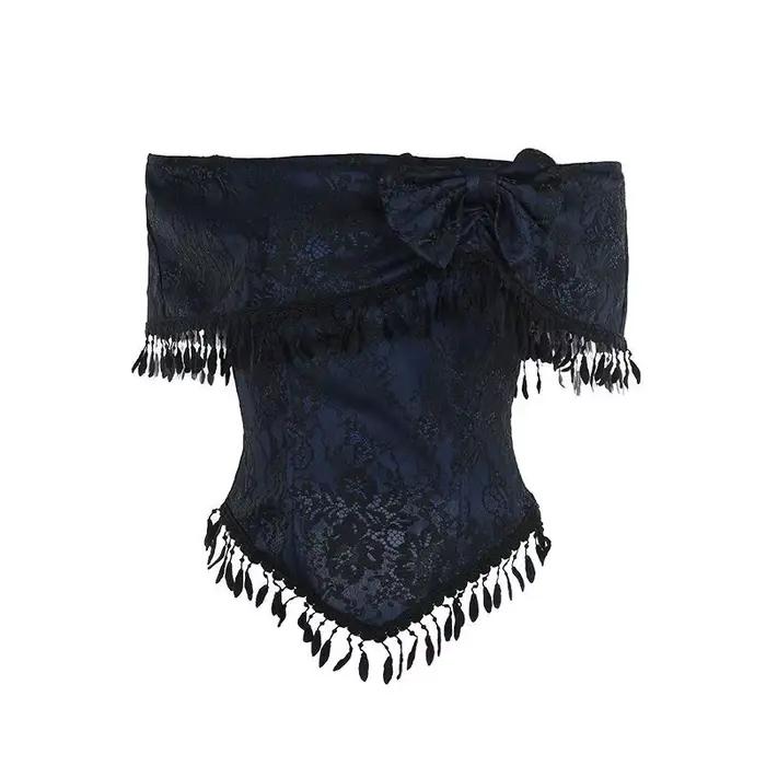 Haut à une épaule en polyester avec dentelle pour femmes, style bureau, printemps été, cou fendu, taille ajustable, noir, pour occasions spéciales
