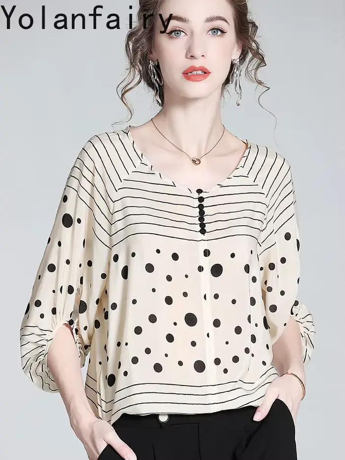 YOLANFAIRY 100% véritable chemisier en soie de mûrier pour femme été léger luxe mode à pois femmes hauts et chemisiers chemise décontractée