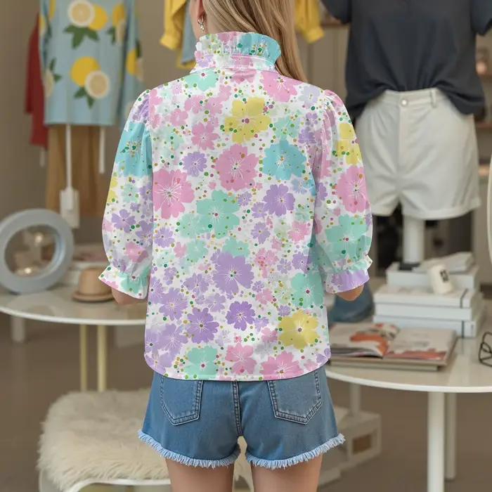 Chemisier imprimé floral coloré mignon avec col roulé à volants Cottagecore ​ Chemises à manches courtes et bouffantes