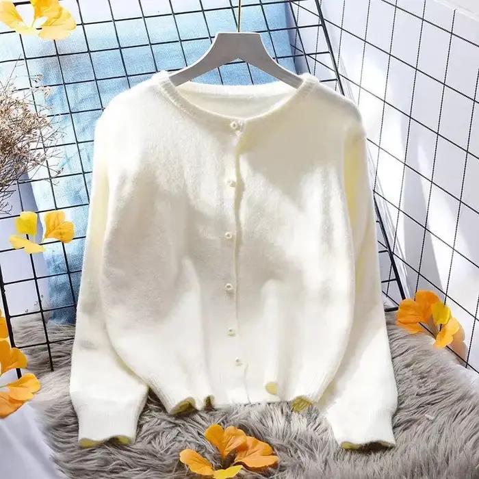 Cardigan court à col rond pour femme tricoté en polyester et coton ample décontracté printemps automne ocassions spéciales