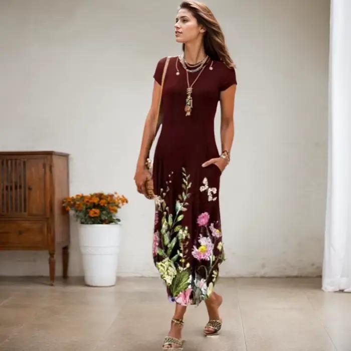 Robe mi-longue vintage à imprimé floral pour femmes, style bohème, polyester et coton, col rond, longueur cheville, printemps été