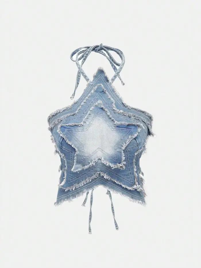 Top Halter en Denim Dégradé Style Rétro Américain