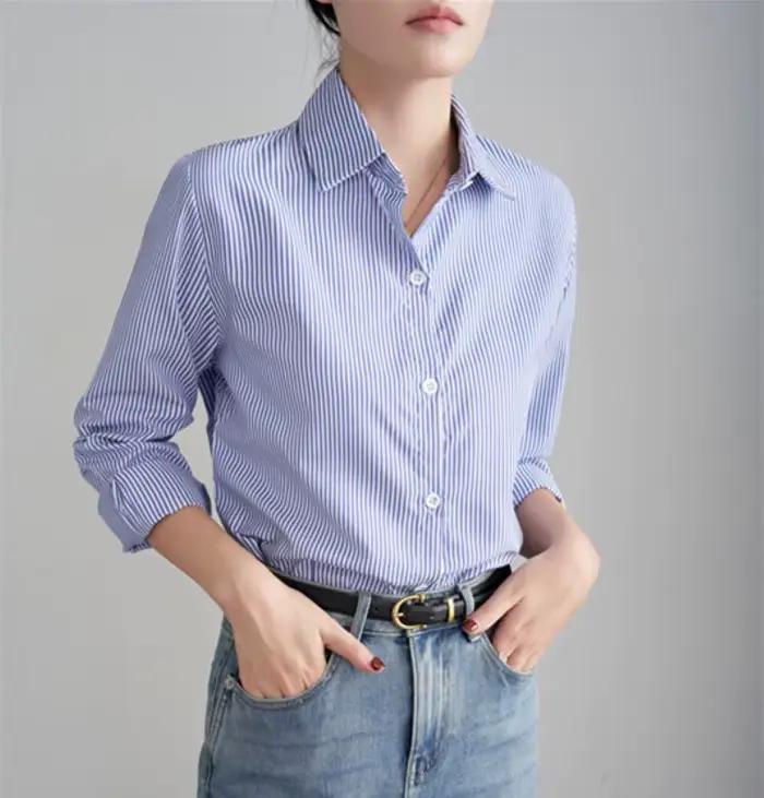 Chemise ample à rayures bleues pour femmes, décontractée, col polo, polyester, pour bureau et tenues casual, toutes saisons