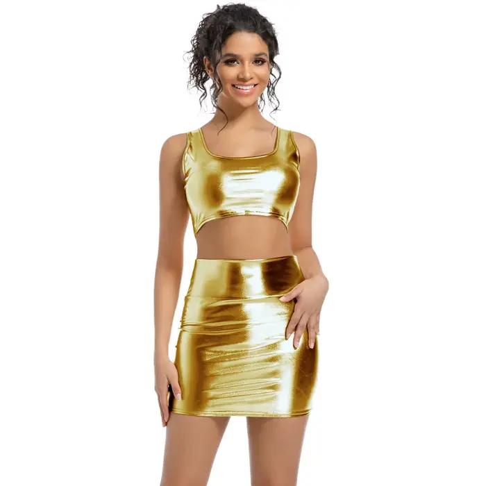 OVIGILY Haut court métallique pour femme – Débardeur extensible brillant pour vêtements de Rave