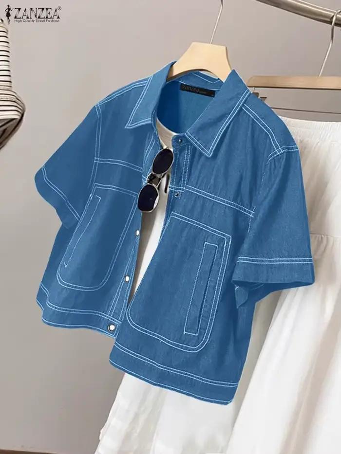 ZANZEA femmes Denim-like contraste-point chemises mode col rabattu manches courtes boutonné chemise femme hauts Streetwear 3XL