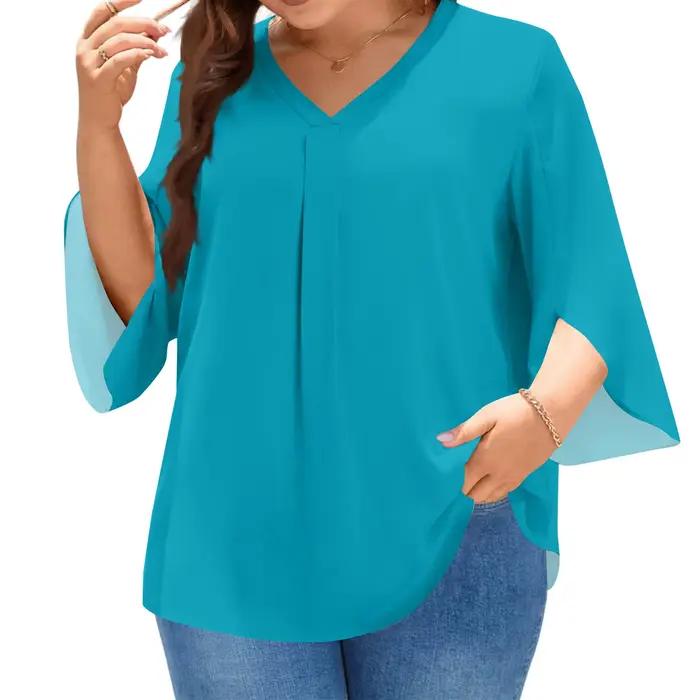 Grande taille hauts pour femmes col en v manches 3/4 couleur unie petit haut élégant pétale