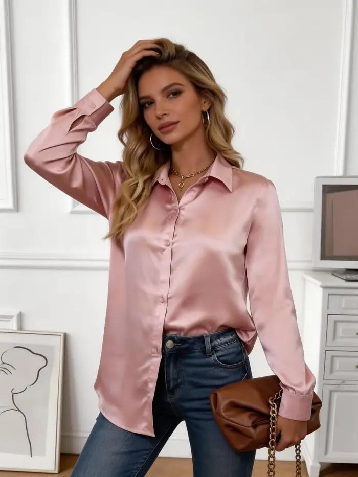 Chemisier en satin rose de style européen pour femme - Manches longues