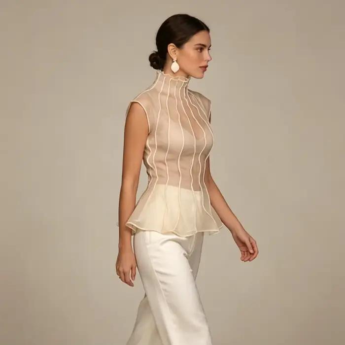 LIMO 2026 Nouvelle Blouse Femme en Organza Transparent Sans Manches Col Montant Volants Peplum Haut Élégant pour Soirée