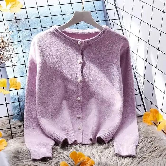Cardigan court à col rond pour femme tricoté en polyester et coton ample décontracté printemps automne ocassions spéciales