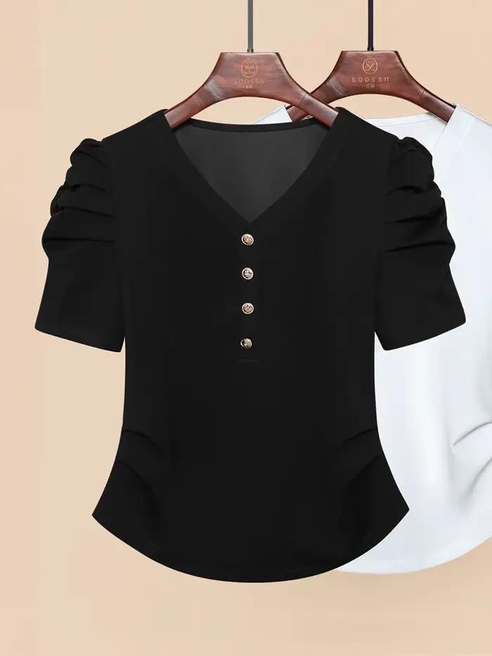 T-Shirt de Luxe à Col en V et Manches Bouffantes pour Femme