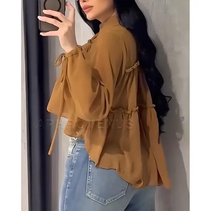 Chemise fluide en mousseline de soie pour femmes manches longues à volants coupe ample haut quotidien printemps automne décontracté