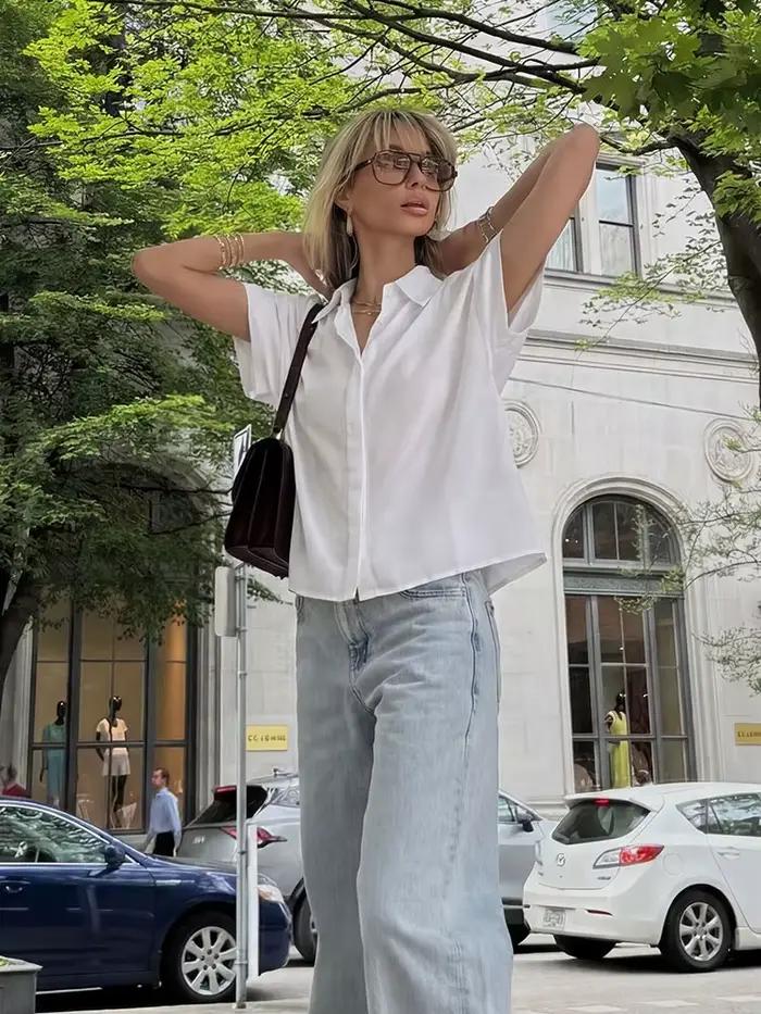 HH Chic Blouse Courte Femme à Revers et Manches Courtes