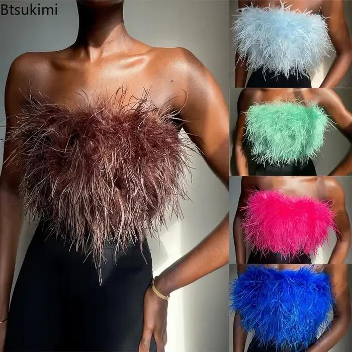 Hauts courts sexy à épaules dénudées en plumes pour femme