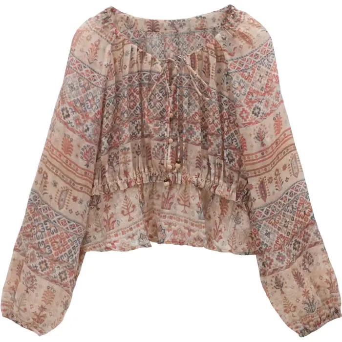 MISHOW Blouse femmes 2025 Style National imprimé taille col rond haut à manches longues trajet confortable automne