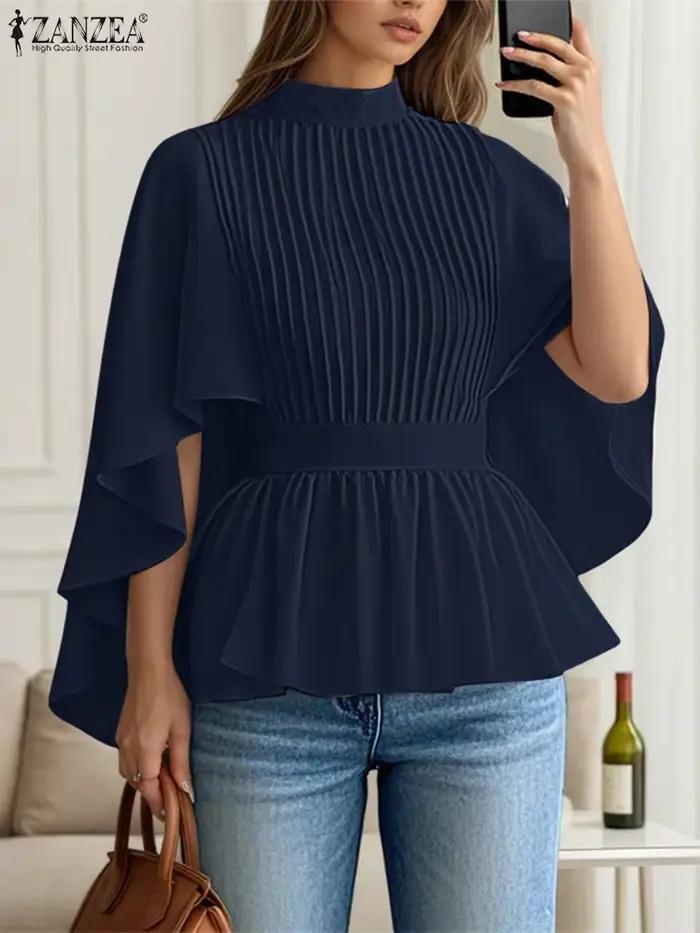 2025 ZANZEA mode femmes Blouse 3/4 manches à volants hauts automne col montant plissé élégant bureau dame chemises coréen haut rigide