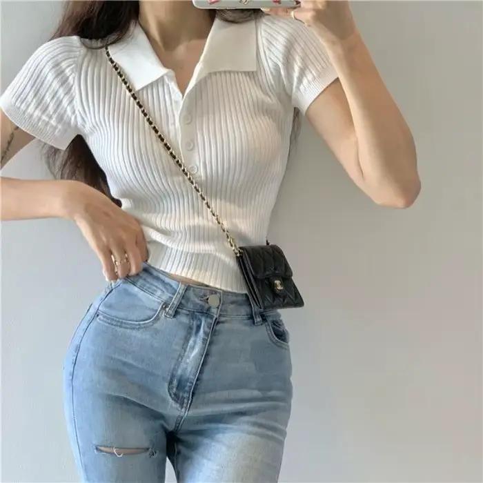 Nouveau T-shirt Polo Femme en Maille Côtelée – Hauts Sexy d'Été Basiques Ajustés Décontractés à Manches Courtes – Gilet