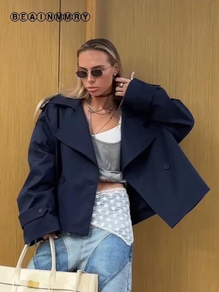 Dame couleur unie à lacets veste élégant Chic à manches longues revers bouton manteau ample automne Style de rue