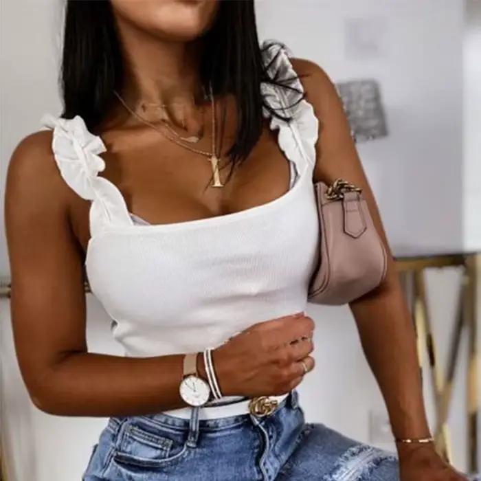 Précieux Y-Femmes Col Carré Monochromatique Tricot Décontracté Basique Ddeau Lit Slim Volants