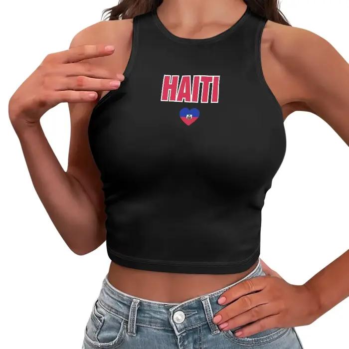 Débardeur court AST avec logo du drapeau d'Haïti pour adolescentes, t-shirt sportif et de loisirs en polyester pour femmes avec ajustement taille plus petit que d'habitude