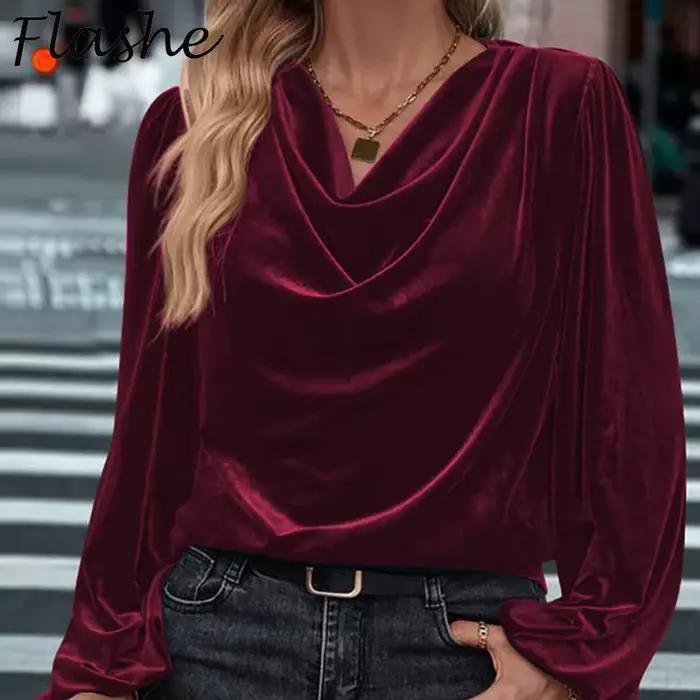Printemps automne Blouses pour femmes élégantes chemise à manches longues rouge noir Blouse femme décontracté or velours chemises bureau montre de sport