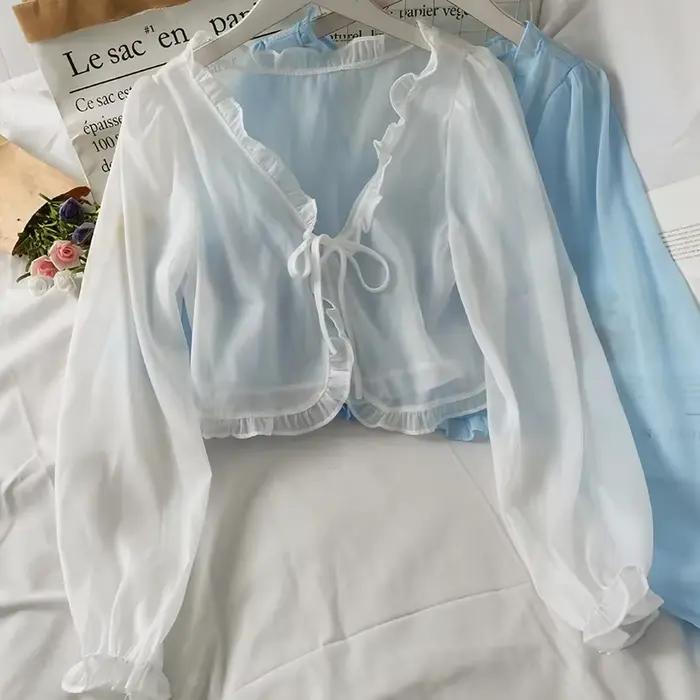 Manches longues mince respirant T-shirts femmes dentelle nœud Cardigan Blouse vêtements volants protection solaire