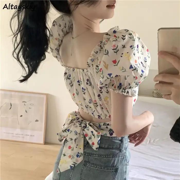 Chemisier floral court à manches bouffantes pour femmes junior, style français élégant, romantique et doux pour occasions spéciales et tenues quotidiennes