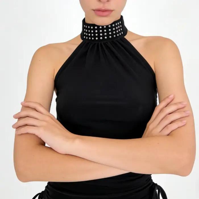 Haut dos nu à col roulé noir élégant pour femmes junior style Y2K occasions printemps été