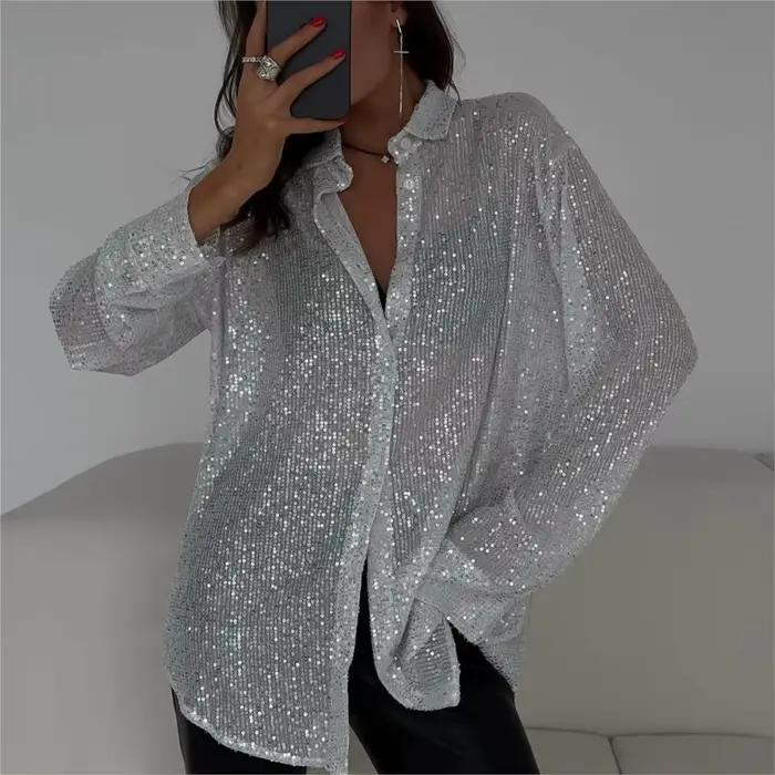 Chemise à paillettes Bling pour femmes, chemisiers à manches longues, style high street, printemps été, polyester, paillettes, col rabattu, fermeture boutonnée, confort bureau, soirée spéciale