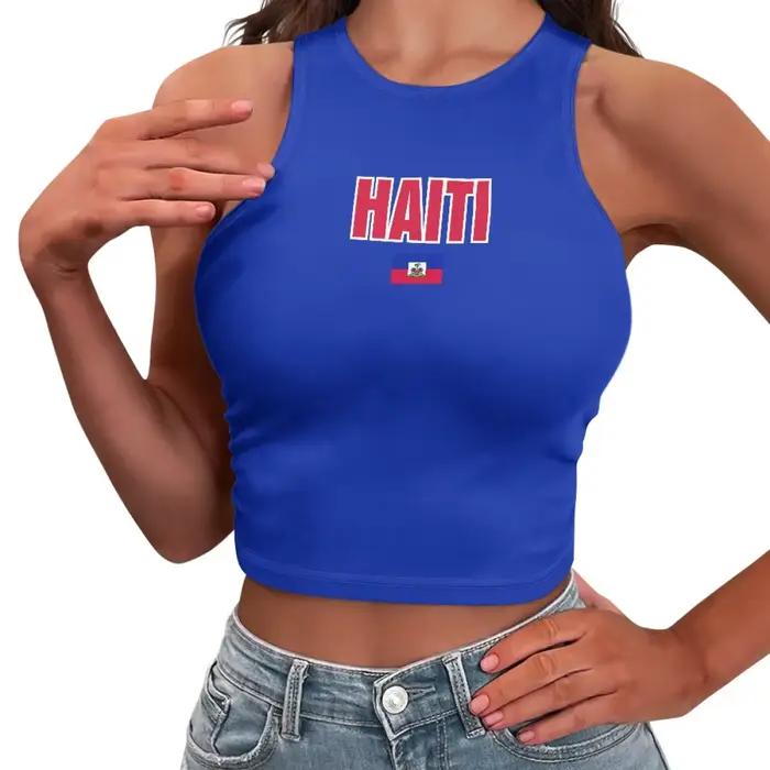 Débardeur court AST avec logo du drapeau d'Haïti pour adolescentes, t-shirt sportif et de loisirs en polyester pour femmes avec ajustement taille plus petit que d'habitude