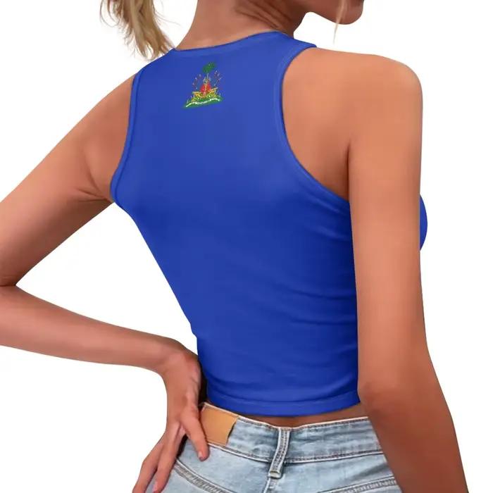 Débardeur court AST avec logo du drapeau d'Haïti pour adolescentes, t-shirt sportif et de loisirs en polyester pour femmes avec ajustement taille plus petit que d'habitude
