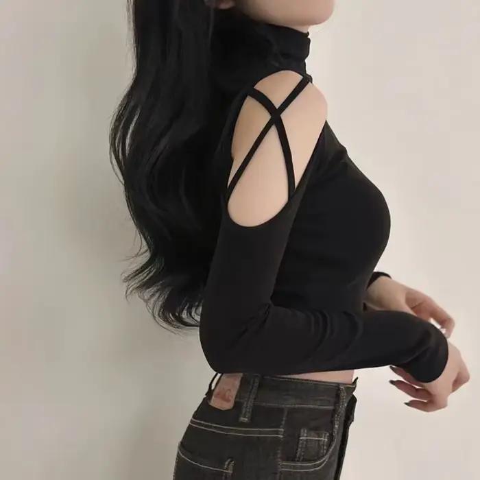 Haut en coton polyester col roulé épaules dénudées pour femmes automne hiver occassions spéciales bureau chic