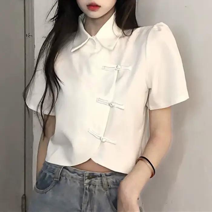 Femmes Blouse été à manches courtes blanc noir chemises Style chinois mode femme hauts courts dames chemise Blouses