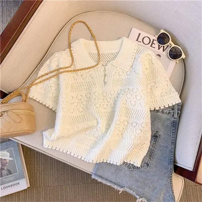 Blouse en polyester acrylique évider décontractée pour femmes, idéale pour rentrée scolaire et occasions professionnelles