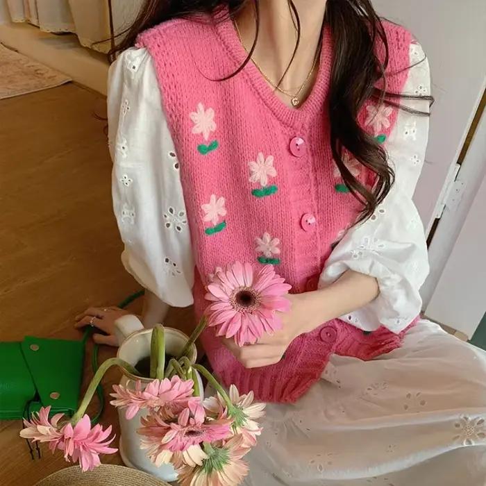 Pull en coton polyester acétate rose avec motifs floraux col en V pour femme automne hiver doux et ample