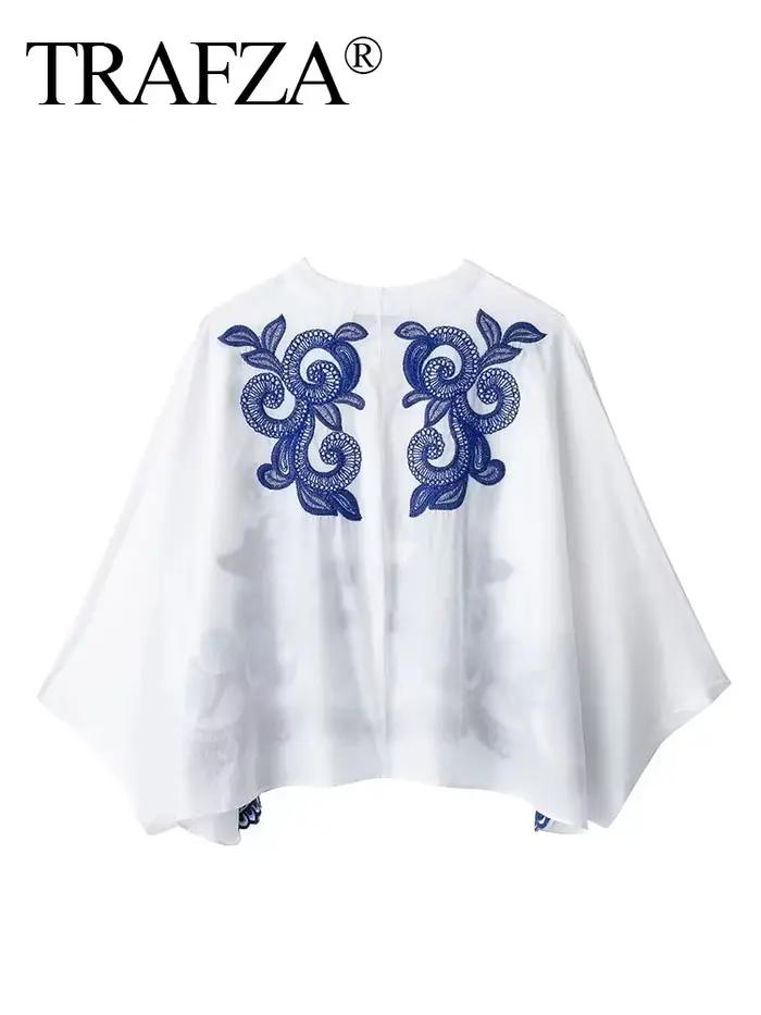 HH 2024 femmes mode bleu broderie florale Blouse décontracté ample col en V simple boutonnage chemise femme Chic haut Y2K