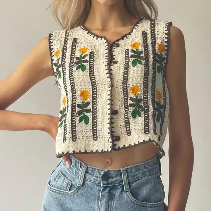 Gilet en tricot brodé floral pour femme junior style fairycore printemps été occassions spéciales à offrir