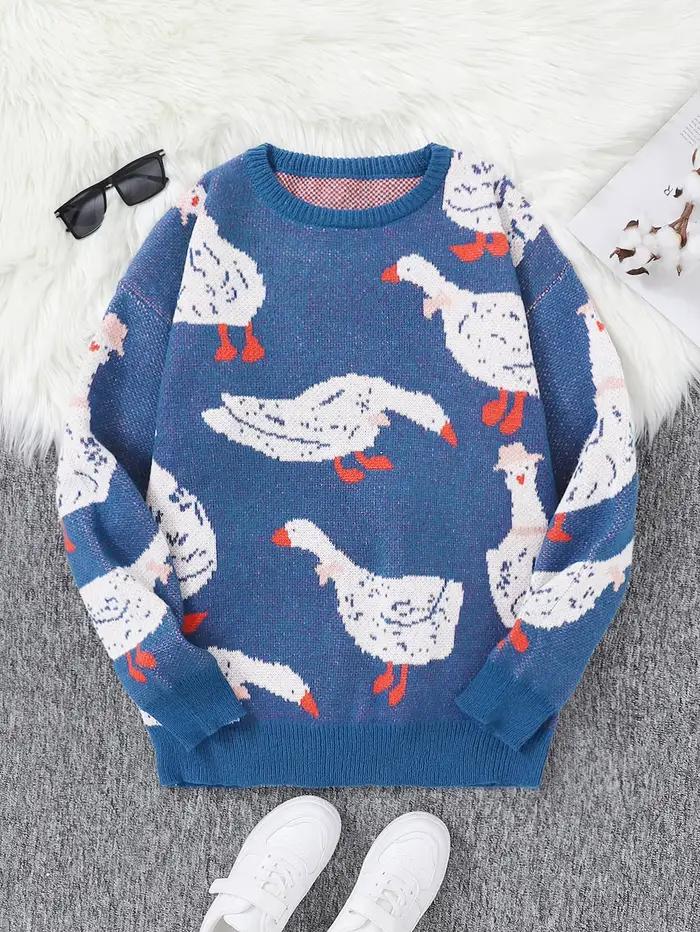 Pull en polyester avec motifs canards Jacquard pour hommes, style décontracté, col rond, quatre saisons, shopping