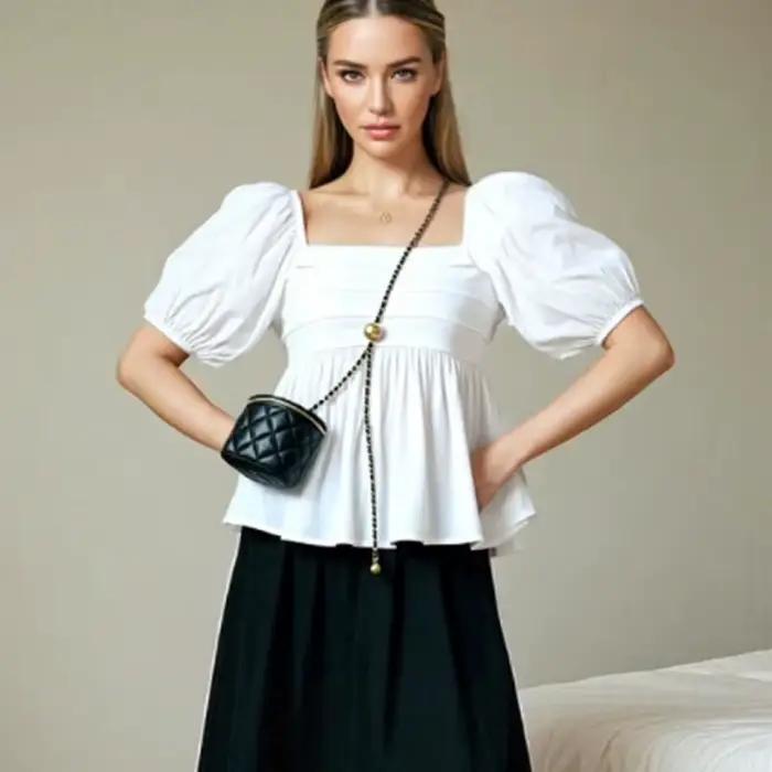 Chemisier Blanc Élégant à Col Carré et Manches Bouffantes Haut Décontracté et Mignon à Manches Courtes pour Femme Occasions Spéciales