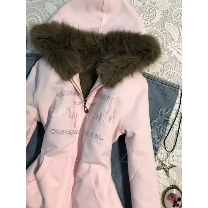 High Street esthétique Design Sense Niche américain Vintage rose velours chaud veste à capuche hiver nouveau haut à la mode femmes manteaux